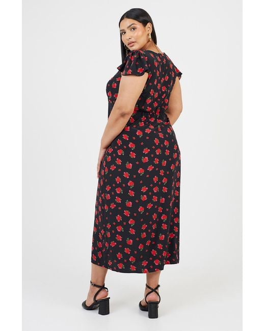 Brave Soul Red Curve Flutter Sleeve Floral Midi Dress