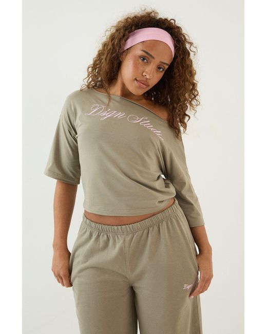 DSGN Studio Green Script Embroidered Off The Shoulder Boxy T-Shirt