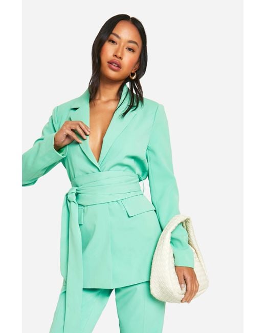 Boohoo Green Obi Tie Waist Tailored Blazer