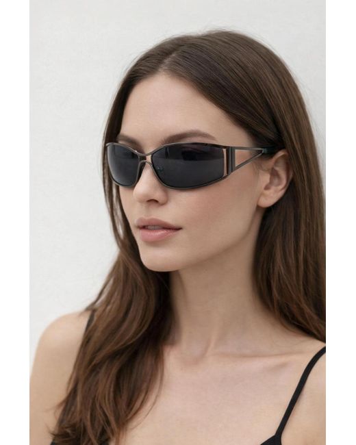 SVNX Brown Retangle Wrap Around Metal Sunglasses