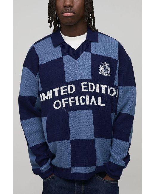 BoohooMAN Blue Oversized Checker Board Jacquard Knitted Rugby Polo for men