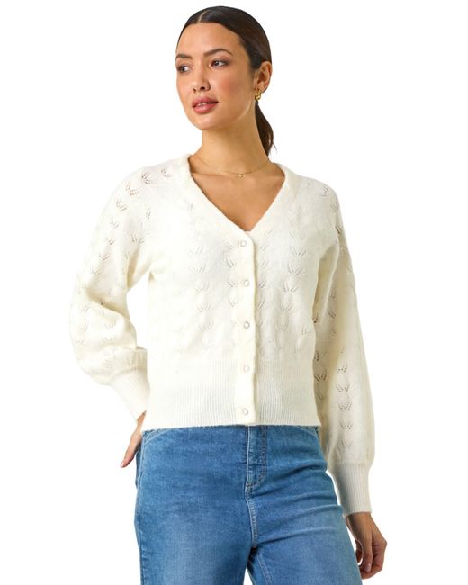 Roman White Pointelle Detail Knit Cardigan
