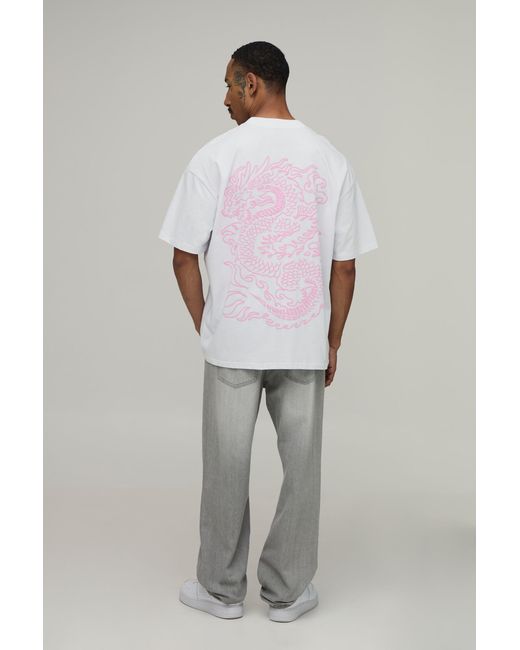 BoohooMAN White Oversized Dragon Puff Print T-Shirt Cotton for men
