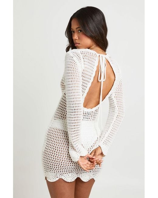 Boohoo White Beach Crochet Knit Long Sleeve Mini Dress