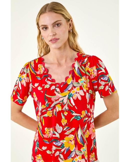 Roman Red Floral Print Scallop Detail Top