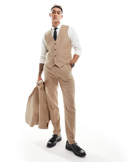 ASOS Natural Slim Herringbone Suit Trouser With Linen for men
