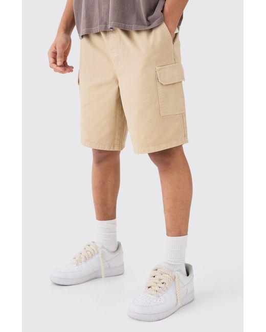 BoohooMAN Natural Relaxed Fit Elasticated Waist Cargo Shorts for men
