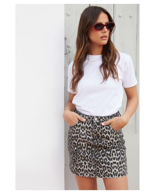 Threadbare White 'Seoul' Leopard Denim Mini Skirt