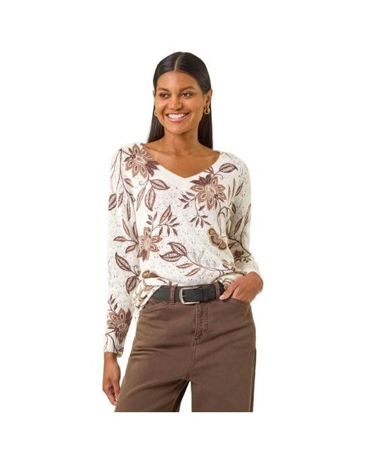 Roman Brown Floral Print V-Neck Knit Jumper