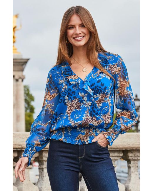 Sosandar Blue Multi Print Frill Detail Shirred Hem Blouse