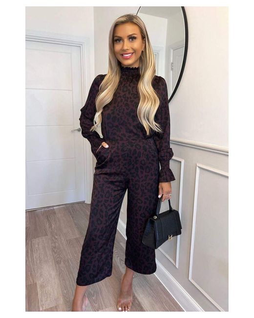 AX Paris Blue Plum Animal Print High Neck Long Sleeve Jumpsuit