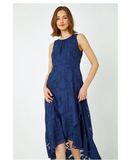 Roman Blue Sleeveless Jacquard Dipped Hem Midi Dress