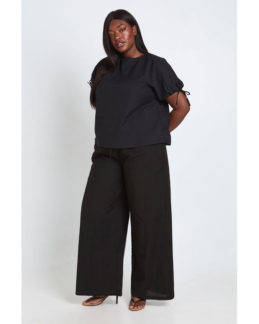Boohoo Black Plus Linen Elasticated Waist Wide Leg Trousers