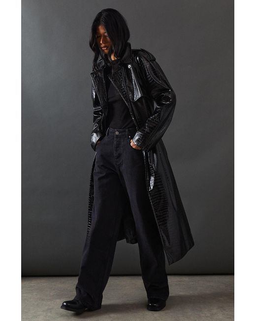 Warehouse Black Croc Faux Leather Belted Trench Coat
