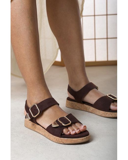 Where's That From Brown Iridia Double Buckle Suede Low Wedge Sandal