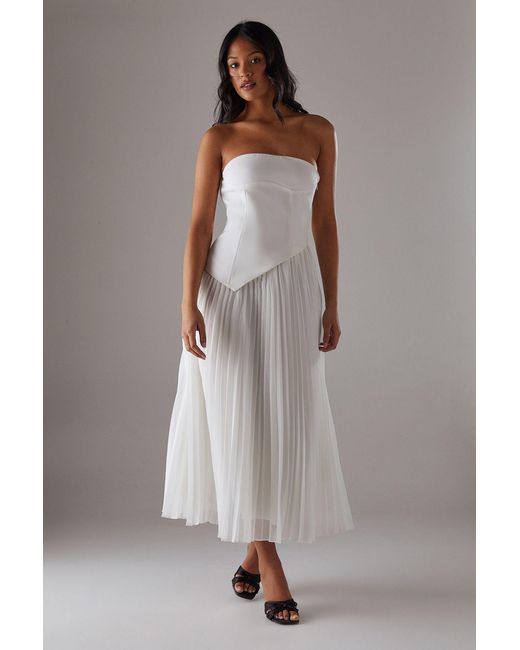 Warehouse Brown Bandeau Bodice Pleated Chiffon Midi Dress