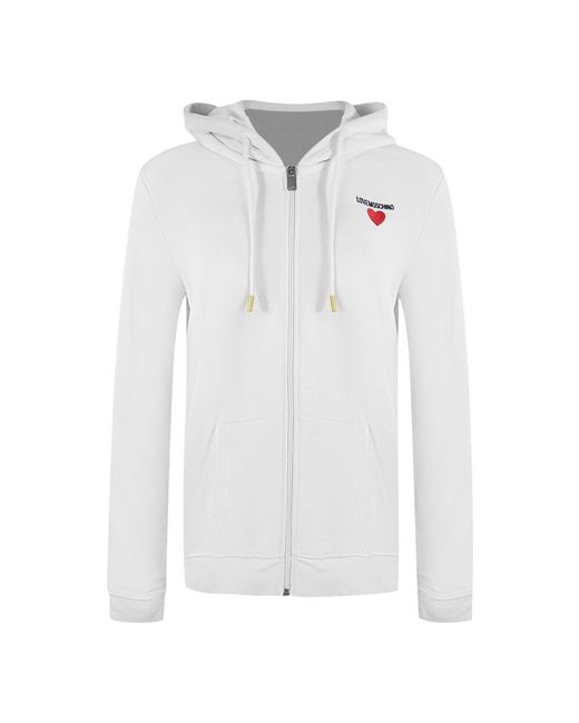 Moschino White Love Small Bold Heart Logo Zip Hoodie Cotton