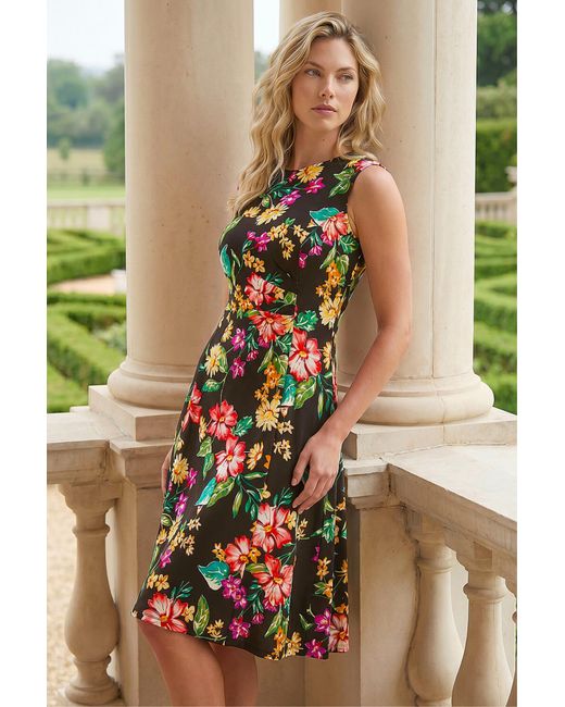 Roman Black Floral Print Gathered Stretch Midi Dress