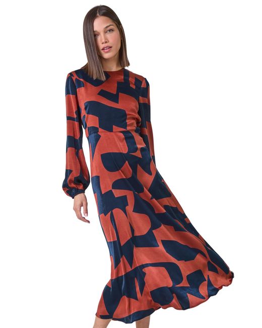 Roman Red Geometric Colour Block Print Midi Dress