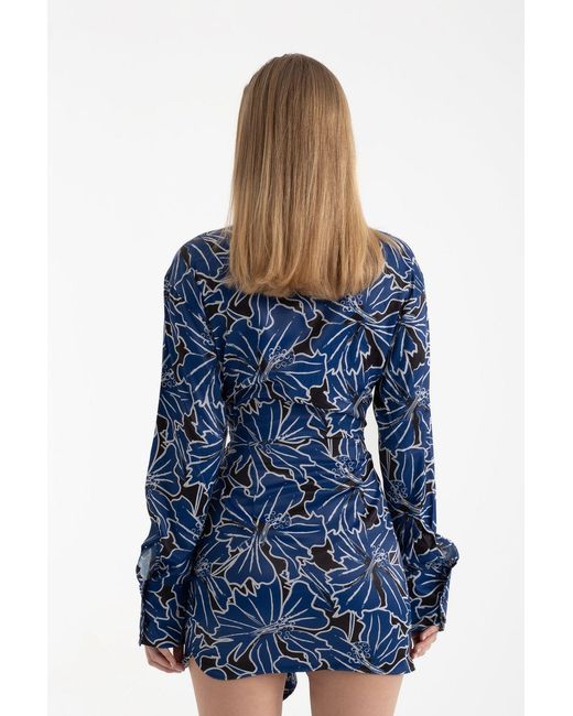 Hiccup Blue Floral Polo Collar Tie Front Side Cut Out Long Sleeve Mini Dress
