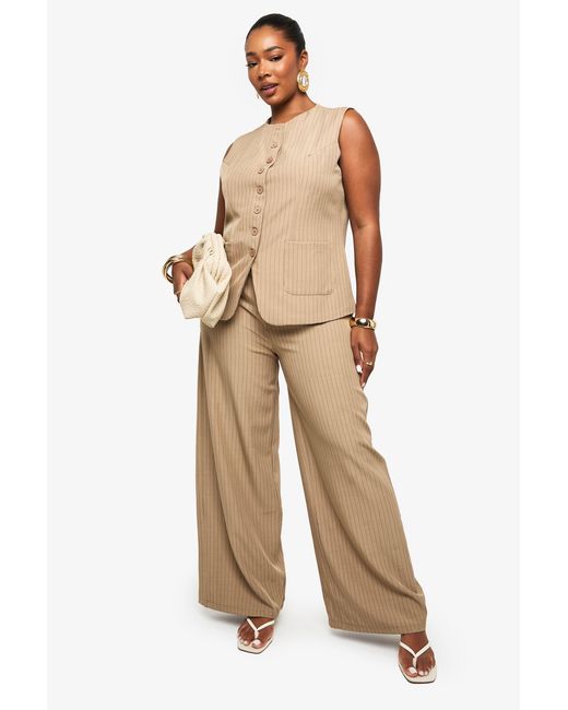 Boohoo Natural Plus Drawstring Pinstripe Wide Leg Trouser