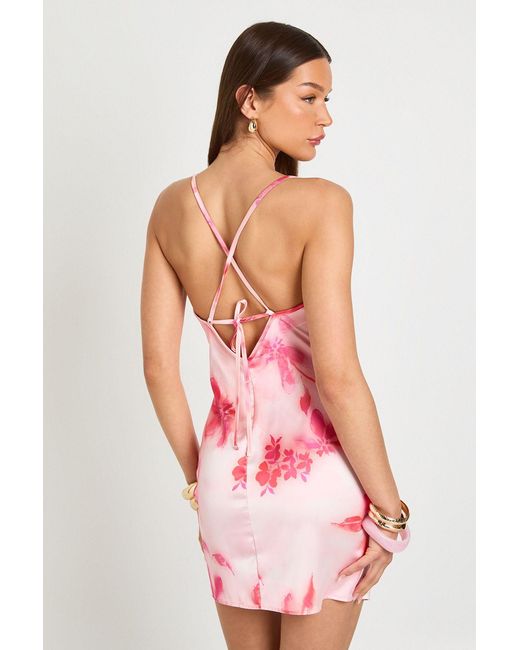 Boohoo Pink Floral Print Cowl Neck Satin Mini Dress