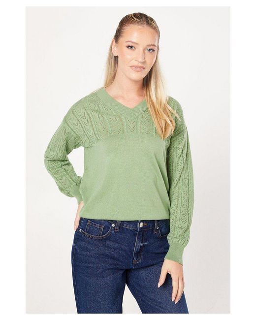 Dorothy Perkins Green Pointelle Detail V Neck Jumper