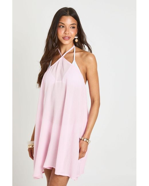 Boohoo Pink Cheesecloth Halter Mini Beach Dress