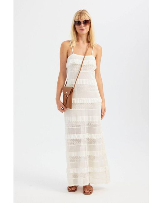 Hiccup White Square Neck Crochet Strappy Maxi Dress