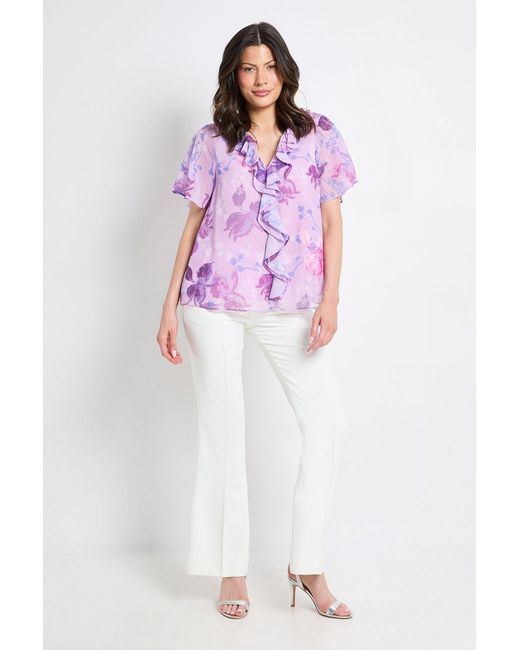Wallis Purple Floral Ruffle Front Short Sleeve Top