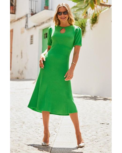 Sosandar Green Keyhole Rib Knit Fit & Flare Midi Dress