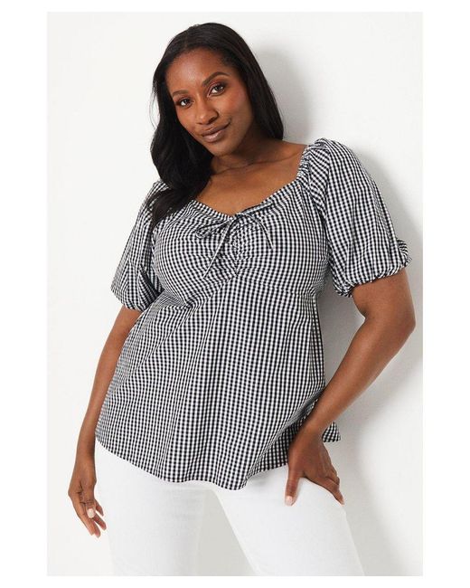 Dorothy Perkins Gray Curve Mono Gingham Tie Front Square Neck Top