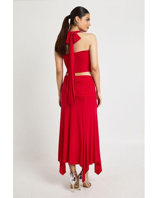 Boohoo Red Slinky Hanky Hem Midi Skirt