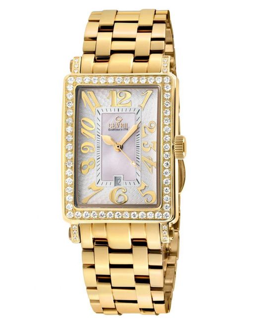 Gevril Metallic Ave Of Americas Mini Swiss Quartz Ipyg Stainless Steel Diamond Case, Mop Dial Watch