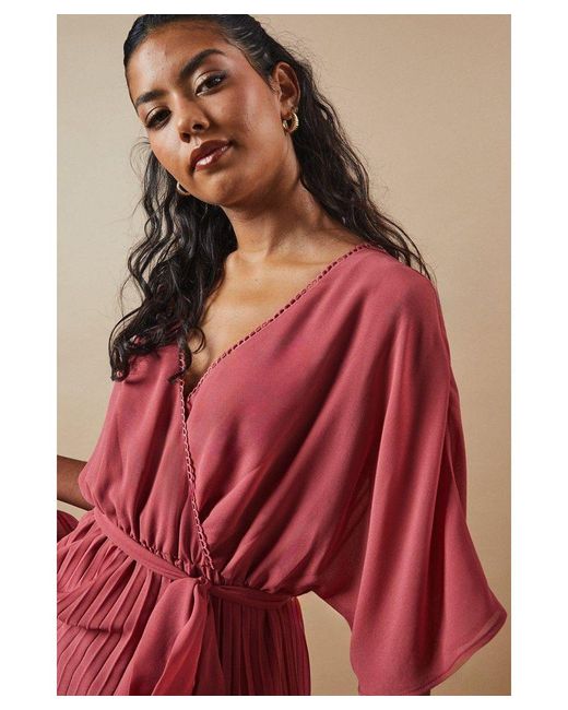 Oasis Pink Petite Occasion Kimono Sleeve Pleated Midi Dress