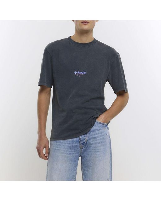 River Island Blue T-Shirt Regular Fit Graphic Print Cotton for men