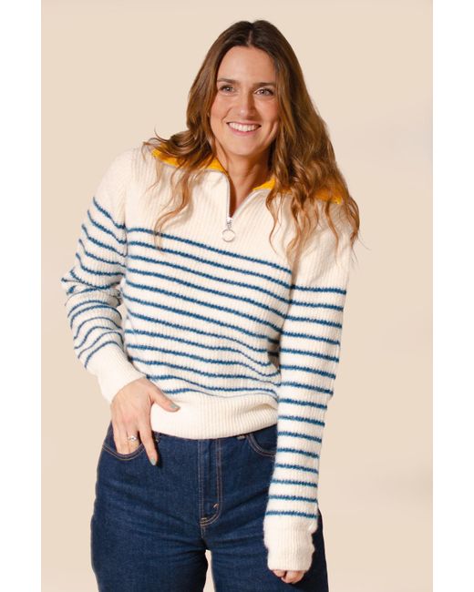 Naf Naf Blue Striped Zip Neck Jumper