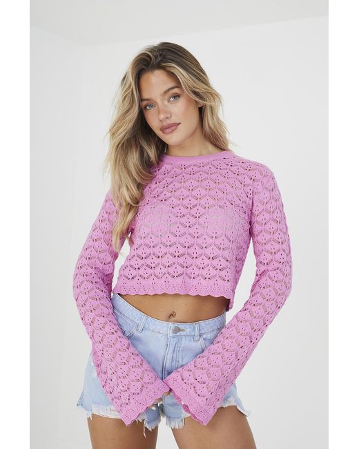 Brave Soul Pink 'Lauren' Cotton Open Stitch Crew Neck Jumper