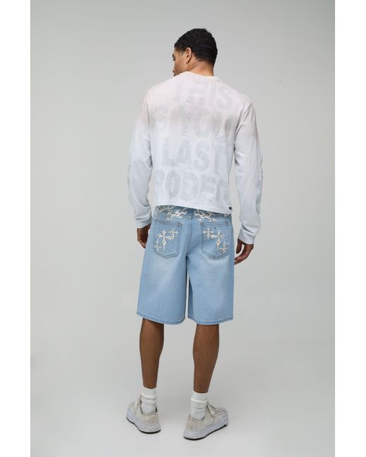 BoohooMAN Blue Regular Cross Applique Rhinestone Denim Jorts for men