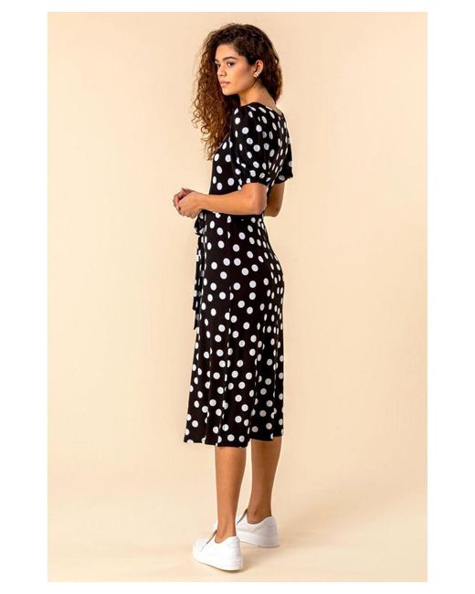 Roman Black Ruched Neck Spot Print Midi Dress