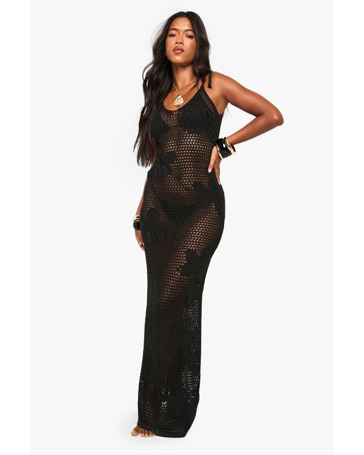 Boohoo Black Crochet Floral Tie Strap Maxi Dress