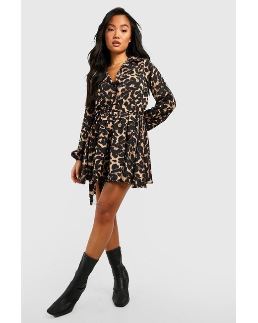 Boohoo Black Petite Leopard Print Skater Shirt Dress