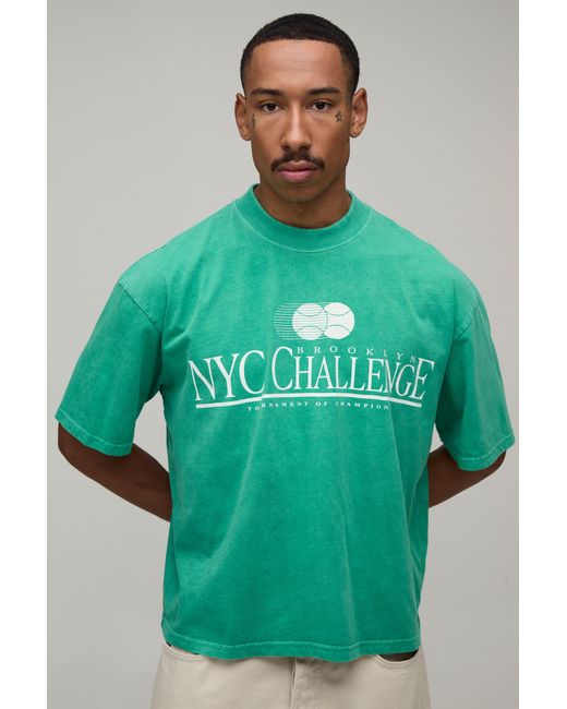 BoohooMAN Green Washed Oversized Boxy Nyc Challenge Print T-Shirt Cotton for men