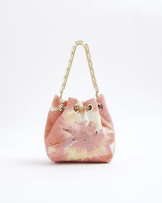 River Island Pink Bucket Bag Floral Embellished Drawstring