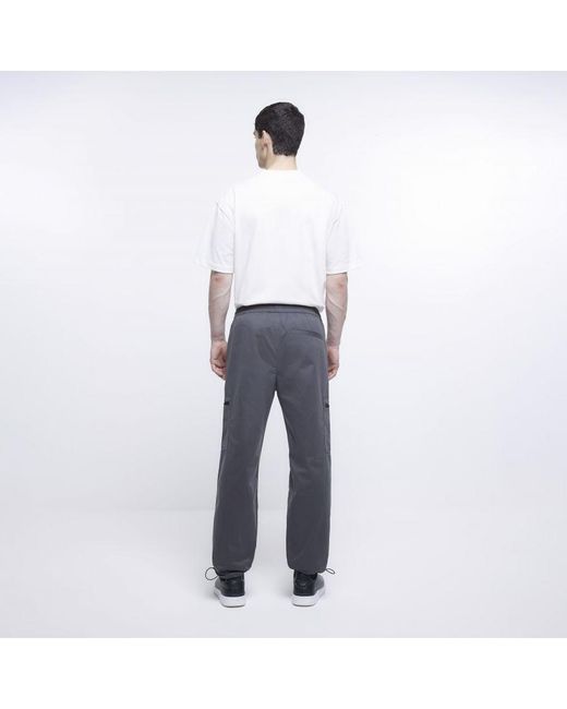 River Island White Cargo Trousers Grey Regular Fit Zip Pocket Pants for men