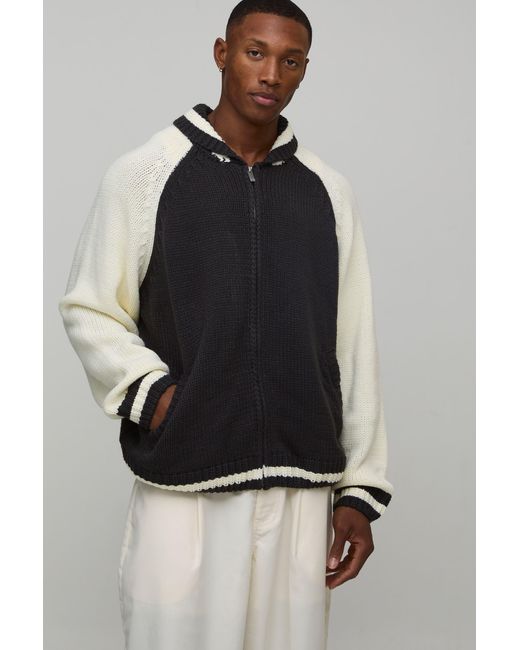 BoohooMAN Blue Oversized Chunky Knitted Bomber Jacket for men