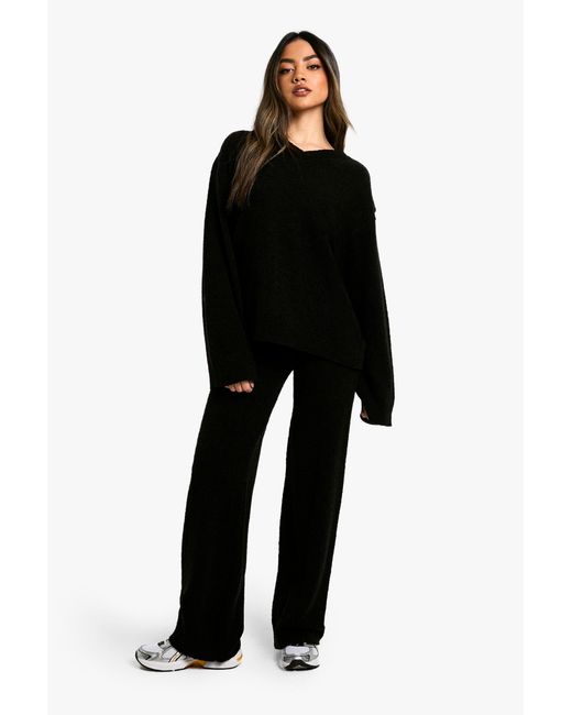 Boohoo Black Soft Knit V Neck Jumper And Wide Leg Knitted Co-Ord