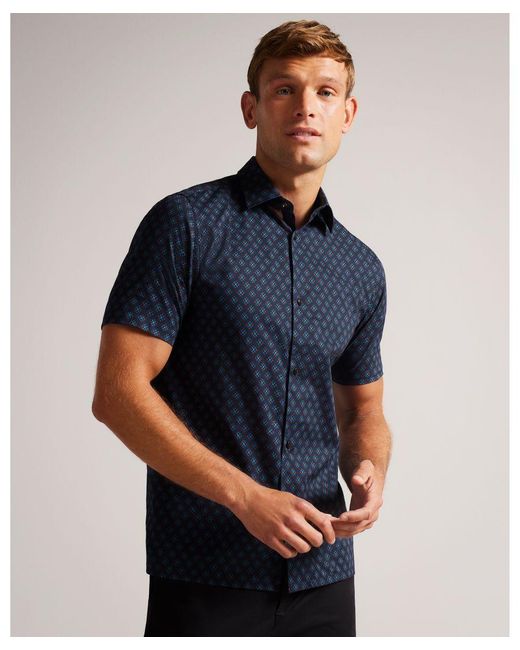 Ted Baker Blue Yannic Short-Sleeved Geo Print Shirt for men
