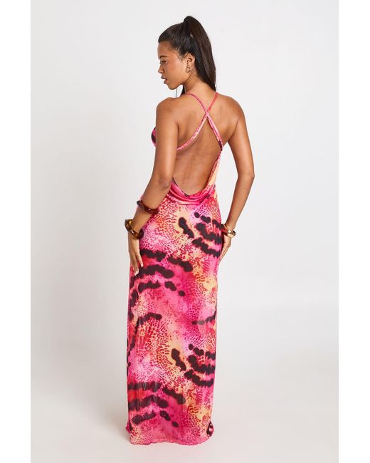 Boohoo Red Floral Print Ruffle Detail Mesh Maxi Beach Dress
