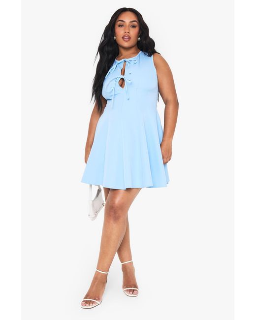 Boohoo Blue Plus Sleeveless Bow Detail Skater Dress